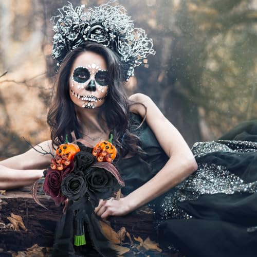 Wedding Bouquets for Bride and Bridesmaid - Black and Burgundy Gothic Bridal Flowers, Artificial Rose Bouquet - color: Red Black Rose