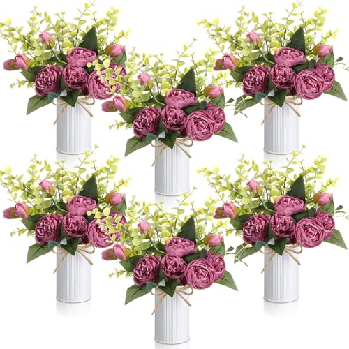 6 Sets Artificial Peonies Flowers, 6 Artificial Peony with Vase 6 Faux Eucalyptus, Faux Silk Peony Bouquet Spring Flowers for Decoration Wedding Party Home Dining (Purple) - color: Purple