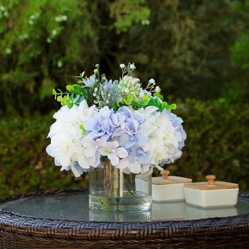 ENOVA FLORAL Artificial Hydrangea Flowers in Vase, Mixed White and Blue Silk Hydrangea in Vase with Faux Water for Dining Table Centerpieces, Home Decor Indoor (FL-159-BlueCream) - color: Fl-159-bluecream