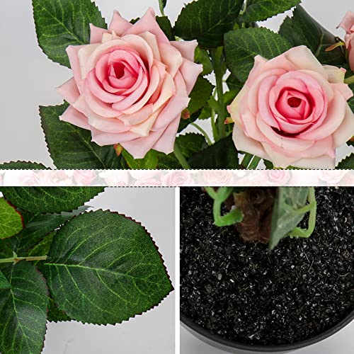 Hollyone Artificial Plants & Flowers in Vase Pink Roses Artificial Flowers Potted Plant Faux Silk Flower with Pot Fake Rose Flower Arrangement Home Decor Office Bathroom Shelf Desk Decoration 15 Inch - color: Rose 1 - Pink (15inch)