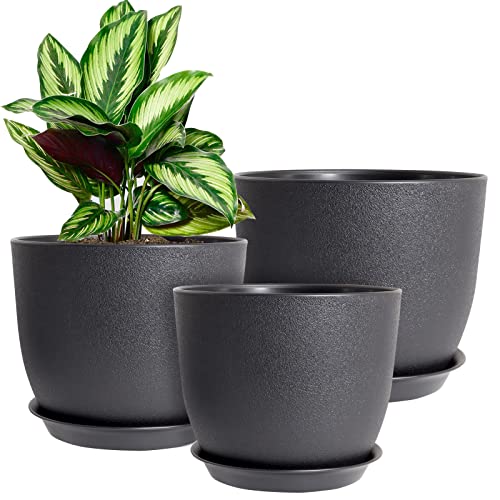 WOUSIWER Plant Pots 10/9/8 inch, Set of 3 Modern Decorative Plastic Planters with Drainage Holes and Saucers for House Plants Indoor Flowers Plants, Black - color: Black