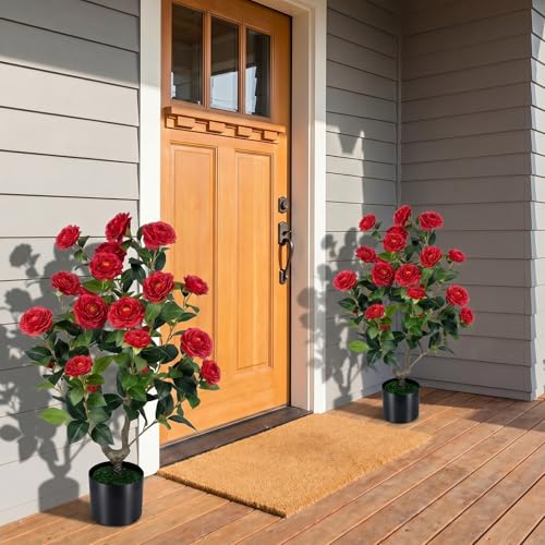 Goplus 35.5’’ Artificial Camellia Tree, Flower Plants Artificial Tree, Faux Floral Plant Blooming Tree in Cement Pot, Greenery Potted Plant for Indoor Outdoor Office Home Porch Decor - color: Red, size: 2ft 11in