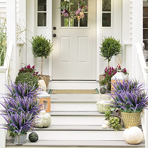 16Pcs Artificial Grass Fake Plants 17.3in Outdoor Plants UV Resistant Faux Greenery Stems Fake Grass for Home Window Garden Office Patio Pathway Front Porch Halloween Décor Green & Purple - color: Green & Purple, size: 16 Pcs