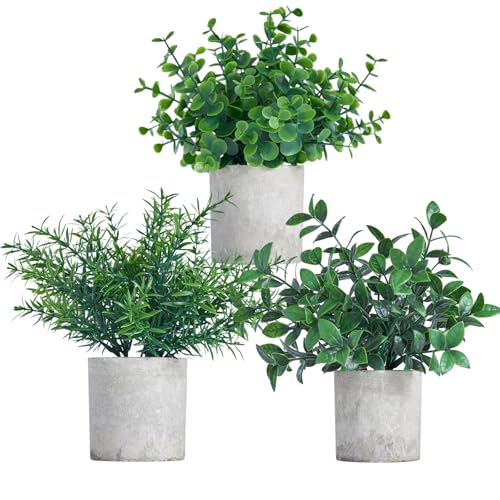 3 Pack Small Potted Fake Plants for Desk Shelf Beedroom Decor | Dark Green Artificial Eucalyptus in paper Pul, Faux Greenery Perfect for Bathroom Kitchen Farmhouse Coffee Room Home Decor - color: Dark Green