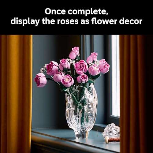 LEGO Botanicals Bouquet of Pink Roses Artificial Flowers - Building Blocks for Adults, Ages 18+ - Gifts for Birthdays for Her - Flowers for Home Office, Shelf or Room Decor - 10374