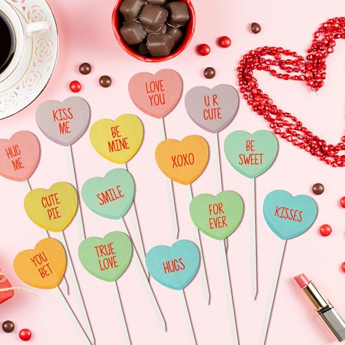 TICIAGA Valentines Wooden Decorative Picks - 14PCS Valentine’s Day Double-Sided Wooden Heart Picks with Words Romantic Farmhouse Decor Colorful Floral Holiday Decorations for Home Vase Filler - color: Colorful Heart With Words