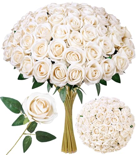 50 PCS Champagne Roses Artificial Flowers, Real Looking Fake Roses with Long Stems Silk Flowers for DIY Wedding Bouquet Party Celebration Home Bridal Baby Shower Decor Birthday Gift for Her Wife - color: Champagne