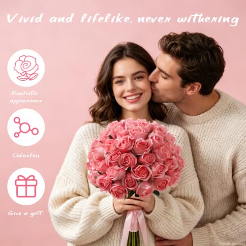 60Pcs Realistic Fake Roses Faux Flowers with Long Stems, Artificial Silk Rose Flowers for Valentines Day Home Wedding Decor Bridal Bouquet (Dark Pink-60) - color: Dark Pink-60