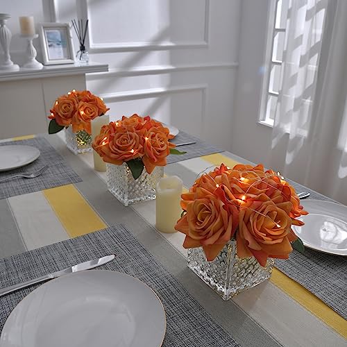 Fule Artificial Silk Rose Flower Centerpiece Arrangement in Glass Vase with LED Light for Home Wedding Decoration (Orange) - color: Z-orange