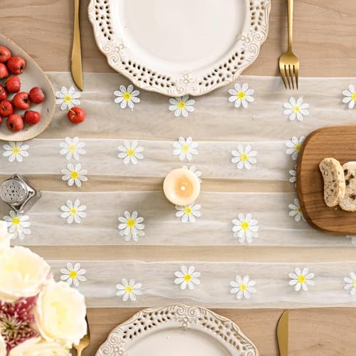 Artoid Mode Milky White Daisy Gauze Embroidery Table Runner 120 Inch 10FT, Tulle Seasonal Spring Kitchen Dining Holiday Table Decor for Home Party - color: Milky White