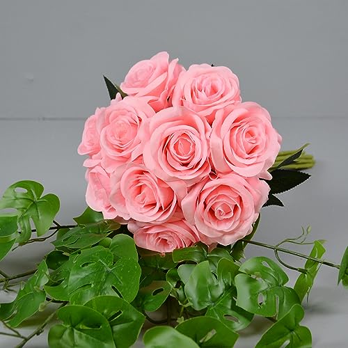 12pcs Rose Artificial Flowers, Fake Rose Silk Flower Bouquet, Faux Roses with Stems - 50cm, Roses Decor for Wedding & Home Decoration (Pink) - color: Pink