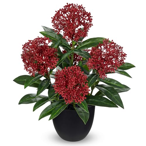 Briful Artificial Potted Flowers, 14.2in Realistic Faux Skimmia Japonica Flowers with Berries Silk Floral Centerpiece for Home Office Bathroom Kitchen Shelf Table Decor, Red - color: Red