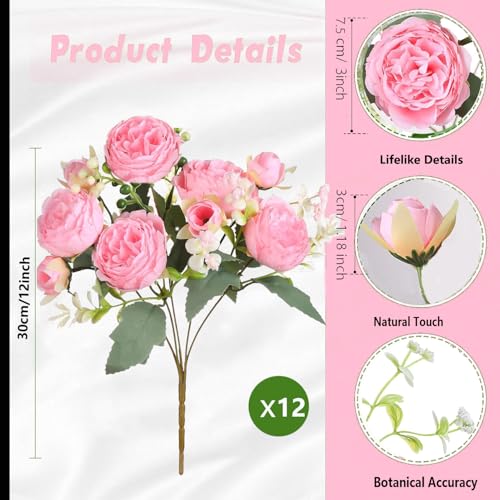 Peonies Artificial Flowers 12 Bundles Pink Flowers Bouquet, Lifelike Silk Fake Peonies with Stems for Home Table Centerpieces, Wedding, Party & DIY Bridal Floral Arrangements (Light Pink) - color: Light Pink