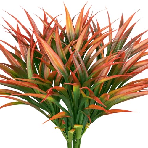 Ouddy Decor 20 Pcs Fake Outdoor Plants Artificial Grass Greenery Stems Faux Plastic Plants UV Resistant for Spring Summer Indoor Outside Garden Planter Pathway Porch Patio Window Home Decor, Orange - color: Orange