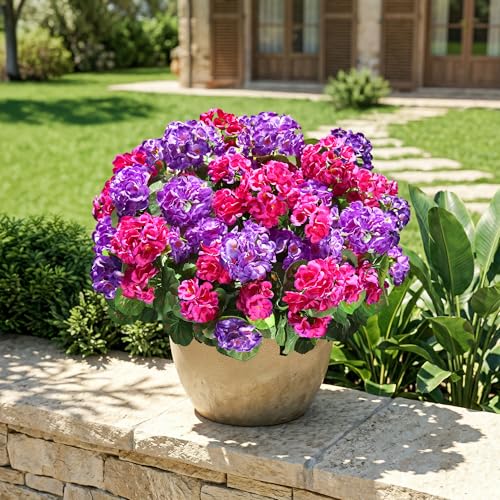 Fake Geraniums Artificial Flowers for Outdoors, 6 Bundles Silk Geraniums Flowers Realistic UV Resistant Fake Plants Faux Flowers for Outside Planters Front Door Garden Balcony Yard Porch Indoor, Mix - color: 3 Purple, 3 Fuchsia