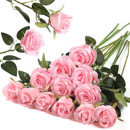 Hawesome 12PCS Artificial Silk Flowers Realistic Roses Bouquet Long Stem for Home Wedding Decoration Party (Pink, 6 Flowers 6 Buds) - color: Pink, size: 6 Flowers 6 Buds