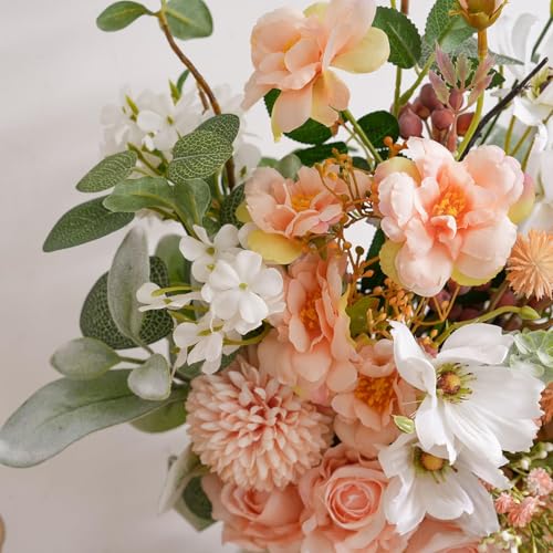 17-inch Artificial Fake Faux Flowers Silk Flower Arrangements Bouquets with Red Berries, Cosmos, Snow Cherry, Chinese Rose, Dandelions, Baby's Breaths, Eucalyptus, Peony, Roses - color: Peach Reverie