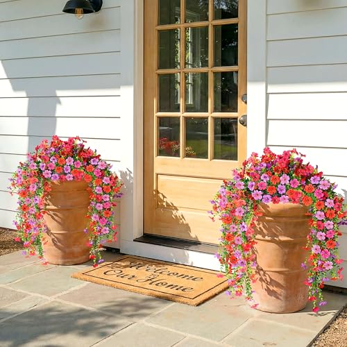 5PCS Artificial Faux Hanging Flowers Plants for Outdoor Decor,Fake Silk Daisy Flowers with Eucalyptus UV Resistant Realistic Vines for Home Porch Patio Balcony Yard Decor (Hot pink Red Purple) - color: Hot Pink Red Purple