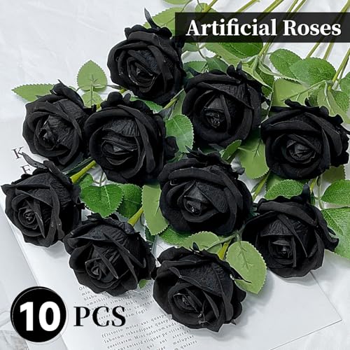 10 PCS Artificial Roses with Long Stems Silk Flowers Realistic Foam Flowers Fake Roses for Valentine's Day Home Wedding Halloween Decor(Black) - color: Black