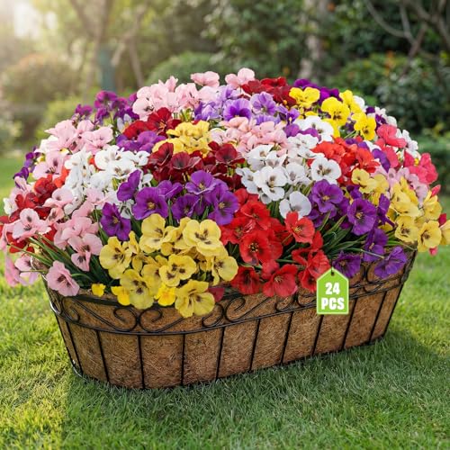 HUITEM 24 Pcs Artificial Fake Pansy Flowers for Outdoor, Silk Faux Pansies Uv Resistant Faux Outdoor Flowers, Spring Flowers for Planter Front Door Porch Yard Patio Window Box Home Decor (6 Color) - color: 6 Color