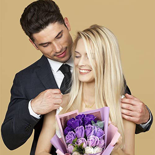 EIGHTOWN Roses Bouquet Fake Artificial Flower - Preserved Red Flowers with Love Necklace for Her - Unique Gifts Valentine's Day, Mother's Day, Thanksgiving, Birthday, Anniversary - color: Purple