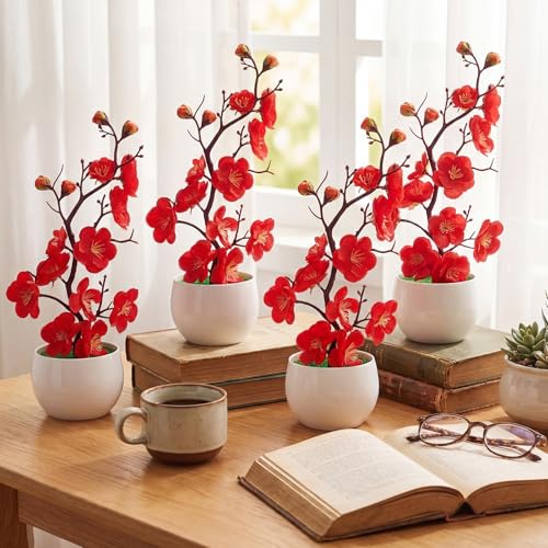 Suncalla 4 Pack Artificial Red Plum Blossom Fake Bonsai, Silk Flower Arrangement with Flower Pot, Cherry Blossoms Decor for Hibachi Party Chinese Japanese Asian Theme Party Supplies (Upright) - style: Upright