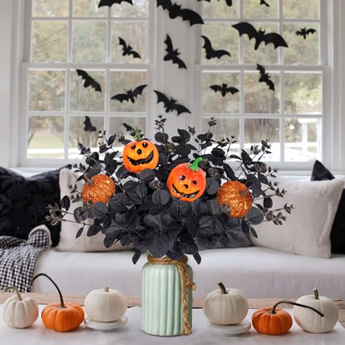 Yen Jean 12PCS Black Halloween Pumpkin Decorations Indoor Artificial Fake Flowers: Eucalyptus Branches Stems Table Centerpieces Decor - style: halloween with pumpkin