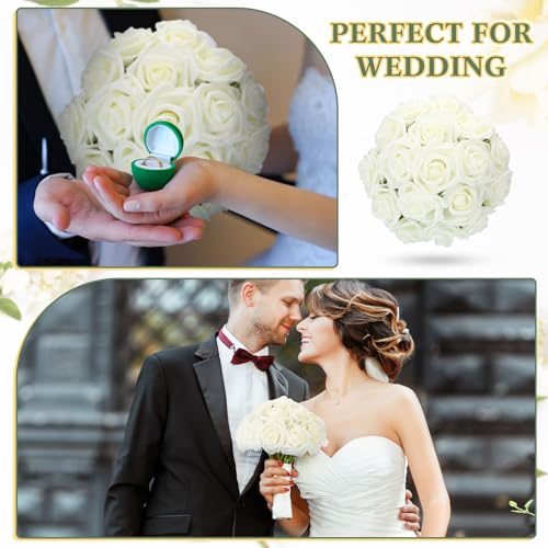 Tigeen 200 Pack White Artificial Roses Flowers Bulk with Stems Artificial Foam Rose Real Looking Fake Flower for DIY Wedding Bouquets Bridal Shower Centerpieces Floral Arrangements Home Decoration - color: White