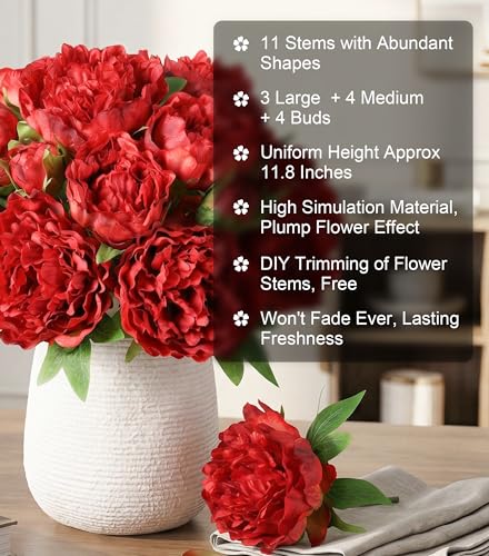 florisso Red Peony Artificial Flowers - 11 Branches Silk Peonies for Wedding Floral, Table Decor & DIY Bouquet Crafts (Artificial Peonies) - color: Peony-red