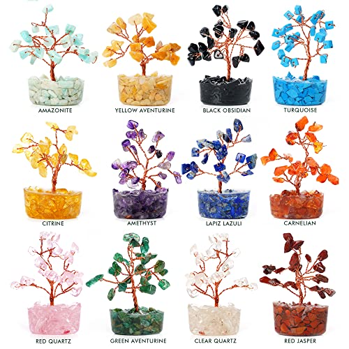Crystal Tree Set of 12 Unique Birthday Gifts for Women, Sister, Mom & Dad, Home Office Decor for Positive Energy, Bring Good Luck, Money, Reiki Healing Stone Chakra Tree of Life Return Gift Sets - color: Set of 12 Mini Orgone Base Trees Crystal Tree