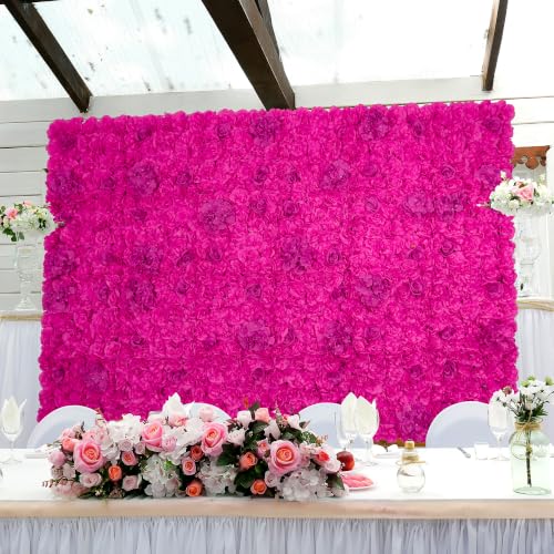 Flower Wall Backdrop 12pcs 16.5x16.5 Inch Floral Wall Panel Artificial Silk Rose Wall Decor Ideal for Wedding Celebrations, Festive Party Backdrops, and Home Decor-Bright Pink - color: Bright Pink