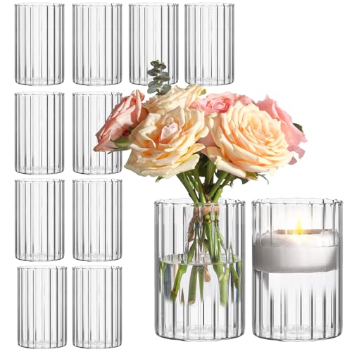 ComSaf Glass Cylinder Vases Pack of 12, Clear Ribbed Bud Vases for Centerpieces Weeding Decoration, 6 inch Tall Clear Flower Vases in Bulk, Hurricane Candle Holder for Party Home Decor - size: 6 Inch Tall (Uniform)