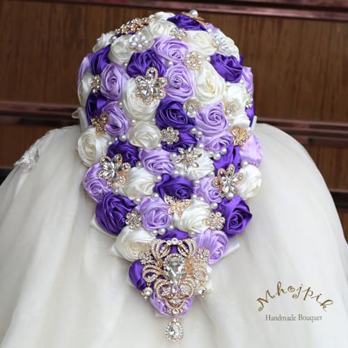Luxury Cascade Bridal Wedding Bouquet Satin Rose Waterfall Holding Bouquet Artificial Flower Bunch for Bride Bridesmaid(Ivory, Purple & Light Purple, 17.3" x 8.7") - color: Ivory, Purple & Light Purple, size: 17.3"L x 8.7"W(44cm x 22cm)