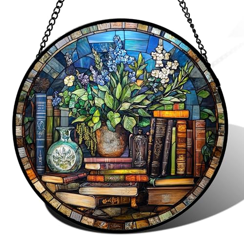 Stained Glass Window Hanging Teal Flower Vintage Books 6.3" - Blue Suncatcher Door Garden Sun Catcher Home Decor Birthday Christmas for Mom Men Woman Nana Friend - color: Blue and Brown, size: 6.3x6.3 IN