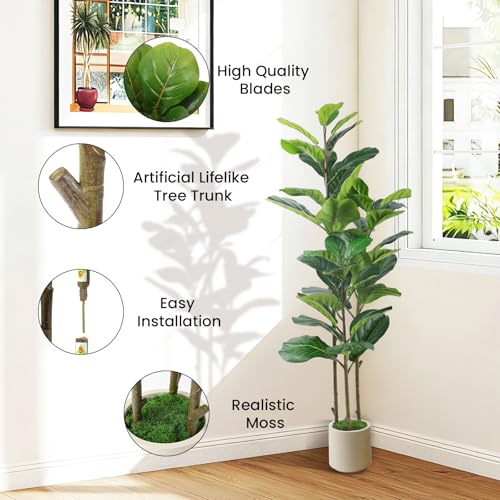 Alupssuc 4FT Artificial Fiddle Leaf Fig Tree with White Planter Pot, 4 feet Tall Fake Tree for Home Decor, Faux Ficus Tree Fake Moss for Indoor Outdoor Office Living Room - size: 4ft