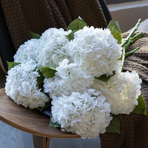 DUYONE 22" Real Soft Touch Hydrangea Artificial Flowers Realistic,Large Long Stem Fake Flowers Full Latex Faux,Wedding Bouquet,Party Home Decor,Garden Office Room Table Centerpieces White 3Pcs - color: White, size: 3Pcs