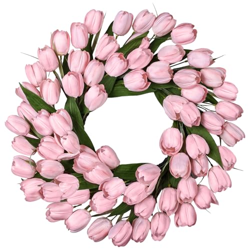 24 Inch Tulip Summer Wreath for Front Door Spring Silk Wreath with Green Leaves Artificial Tulip Flower Wreaths for All Seasons Farmhouse Porch Wall Living Room Home Widding Decor-Pink - color: Pink