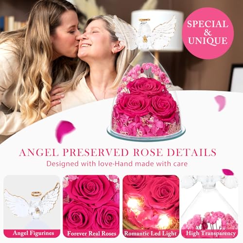 Mothers Day Flowers Gifts for Mom Flowers for Delivery Preserved Flowers Forever Real Fresh Roses in Glass Angel Figurines Birthday Gifts for Women Anniversary Present for Grandma Wife from Daughter - color: Rose Red (Rose, Baby's Breath, Hydrangea)