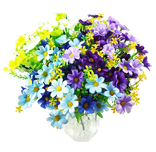 Artificial Daisy Flowers 6 Bundles, UV Resistant Fake Silk Flowers, No Fade Greenery Shrubs Plants for Garden Farmhouse Porch Wedding Indoor Outdoor Home Decor (Green White, Blue & Dark Purple) - color: Green White, Blue & Dark Purple