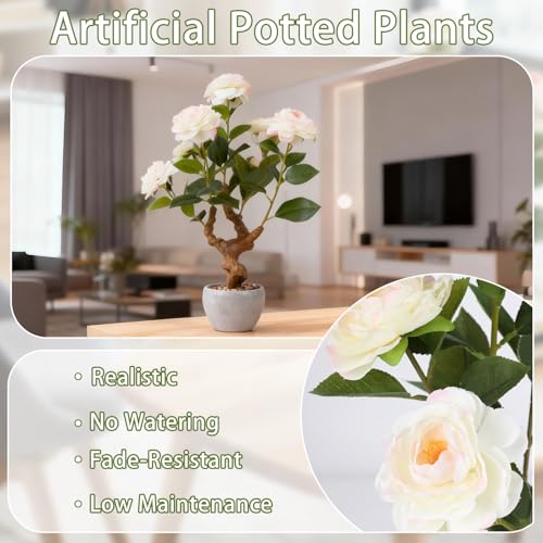 TOARTi Artificial Camellia Potted Plant with Stone Pot, 20" Tall Fake Potted Flowers Faux Desk Plant, Realistic Decorative Plants Indoor Decor for for Home Bedroom Bathroom Office Desk - color: Camellia-single Stems