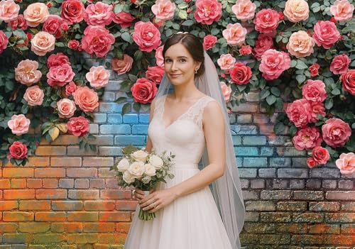8x6FT Pink Rose Flower Backdrop Colorful Brick Wall Flowers Backdrops Wedding Birthday Party Baby Showers Decorations Background D771 - size: 8x6ft