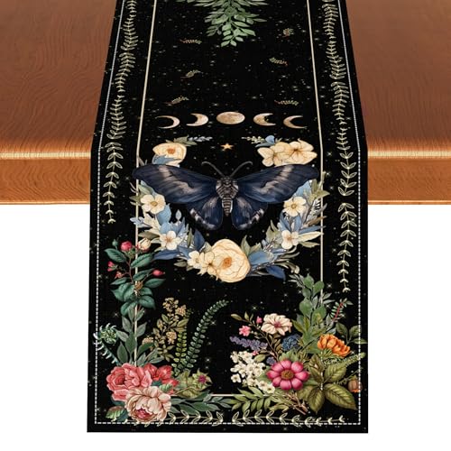 Gothic Moth Table Runner, Boho Vintage Floral Gothic Sun Moon Phase Mystical Witchy Farmhouse Coffee Table Center Decor for Home Kitchen Dining Patio Holiday Party Table Decorations 13x36 inches - color: Tr-moth08, size: 13x36" Table Runner