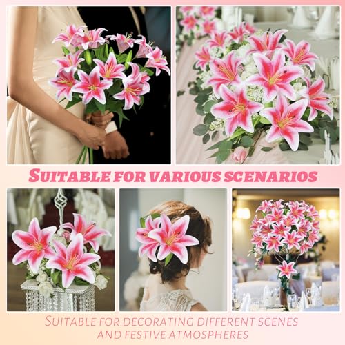 BloomLife Artificial Lily Flowers, 6 Stems with 12 Flowers & 6 Buds Total, Realistic Fake Flowers for Home Decor, White or Pink, 23.6" Tall, Wrinkle-Free & Bendable Stems for Vase Arrangements (Pink)