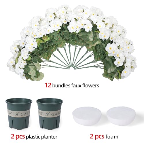 Geraniums Artificial Flowers for Outdoors, 2 Pack Potted Plants White Faux Geraniums Bush Artificial Topiaries Realistic UV Resistant Fake Flowers Plants for Planters Outside Gardens Front Door Indoor - color: White