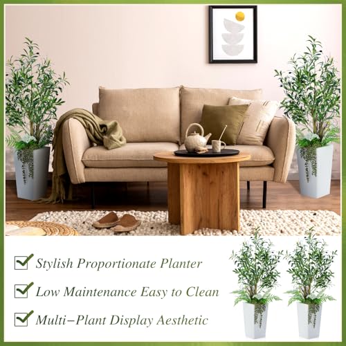 Giegxin 2 Pcs Artificial Olive Tree Combo 4ft Tall Faux Olive Trees with Tapered Planter & 5 Decorative Plants, UV Resistant Fake Floor Potted Plants for Indoor Outdoor Porch Home Office Decor (White)