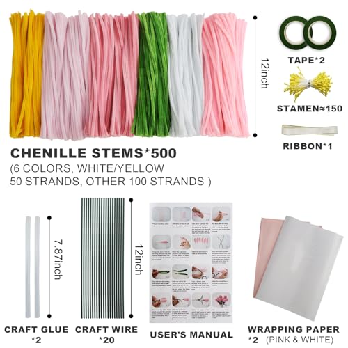 500PCS Pipe Cleaner Flower Kit,Bulk Pipe Cleaners Craft,Chenille Stems with Wrapping Paper for Mother's Day Graduation Birthday Wedding - color: Pink
