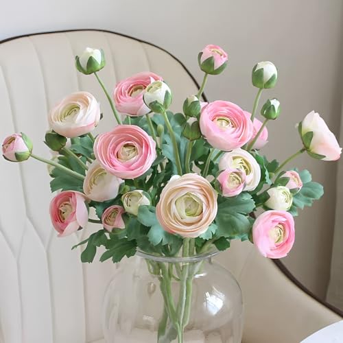 5PCS Artificial Ranunculus Flowers with Silk Flower Real Touch Stem Spray for Home Garden Office Decoration Wedding DIY Arrangements (Champagne Pink) - color: Champagne Pink