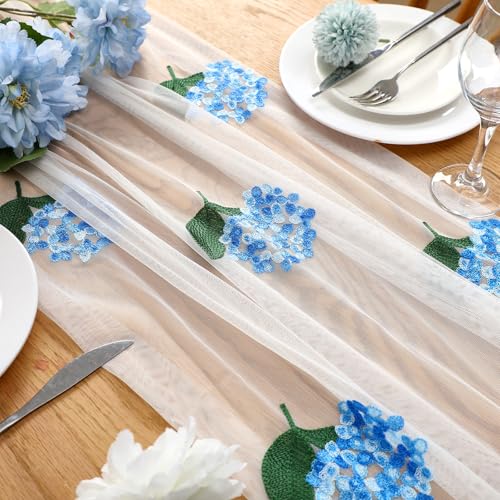Hydrangea Floral Table Runner 29.5 x 118 Inch Embroidery Wildflower Tulle Table Runner Summer Gauze Home Decor for Wedding Birthday Baby Shower Party Dining Decor DIY - style: Hydrangea