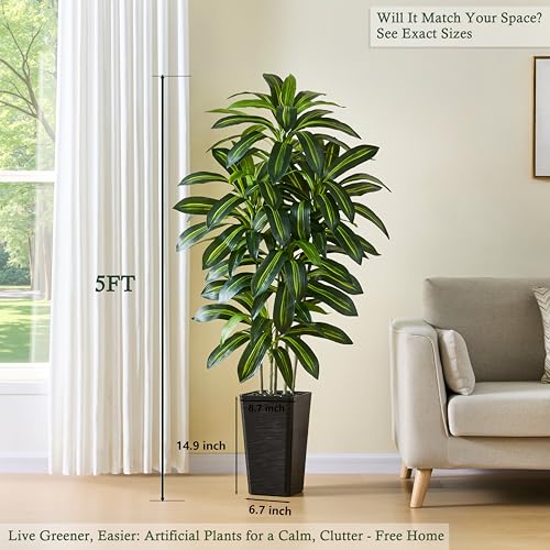 Artificial Dracaena Tree：5FT Faux Silk Tropical Yucca Floor Trees Realistic Fake Green Plant with Natural Wood Trunk & Lifelike Leaves for Home Office Decor Indoor & Outdoor (5FT,1-Pack,Black) - color: Dark Green – Black Pot, size: 5FT
