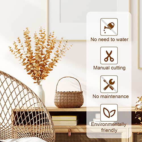 Waydress 12 Pieces Gold Eucalyptus Stem 16 Inch Artificial Eucalyptus Spray Fake Leave Decor Fall Faux Floral Arrangement Faux Flower for Wedding Party Bouquet Home Farmhouse Vase DIY Craft
